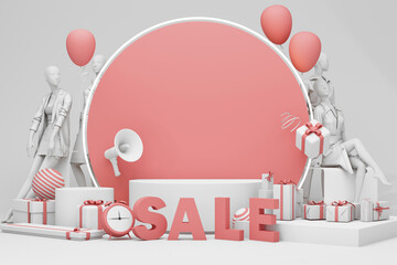 Wall Mural - Concept of promotion and discount of women's clothing with a mannequin to try on a shirt wear women's clothes with space for advertising on a pastel background. 3d rendering illustration