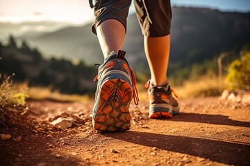 Men's legs with sports shoes and a backpack run along a mountain path.