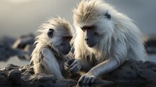  Two White Monkeys Sitting On A Rock Next To A Body Of Water.  Generative Ai