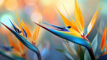 Poster -  a painting of a bird of paradise plant with a blurry background.  generative ai