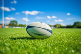 Fototapeta Sport - Rugby ball seen laying on field