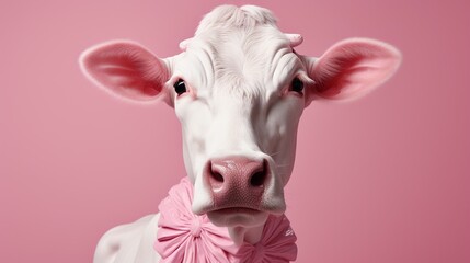 Wall Mural -  a white cow with a pink bow around its neck on a pink background.  generative ai