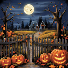 Pumpkin Patch Delight: Create A Whimsical Scene Of A Pumpkin Patch In The Moonlight. Incorporate Smiling Pumpkins Of Various Sizes, Some Nestled Beside A White Picket Fence, And Others Surrounded By F