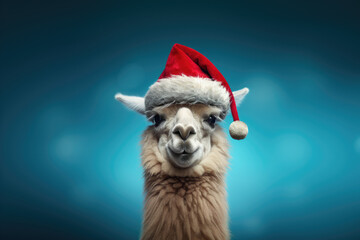 Lama is wearing a Christmas hat. Posing on blue background, funny looking. Celebrating Christmas concept with Merry Christmas text