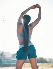 Sticker - Stretching, exercise and sports woman outdoor at a stadium for workout, training and warm up. Back of athlete person for muscle stretch, fitness and wellness or flexibility for a run or competition