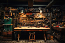 Tool Workshop Scene Hanging On Wall In Workshop, Shelving With Table And Wall, Vintage Garage Style