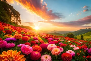 Poster - flower field at sunset generated Ai