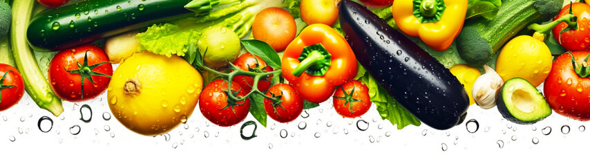 Wall Mural - Banner with many fresh vegetables on isolated white background. Generative AI