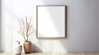 © Sönke Hayen - Mockup, hölzernes Bilderrahmen-Modell an der Wand im modernen Interieur. Grafikvorlage für Kunstwerke, Gemälde, Fotos oder Poster in der Innenarchitektur, generative AI