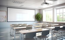 Empty Modern Classroom With White Interactive Board 3d. Generative AI. 