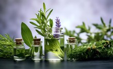 Herb Essential Oil Aroma Bootle And Leaf. Generative AI. 
