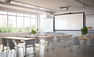 Empty modern classroom with white Interactive board 3d. Generative AI. 