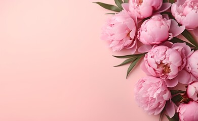 Spring peony flowers on pink pastel background top view in flat lay style. Greeting for Women's or Mothers Day. Generative AI. 