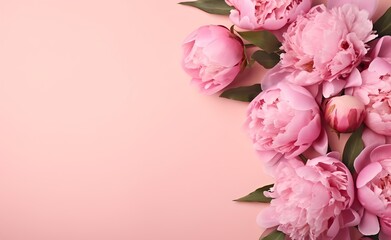 Spring peony flowers on pink pastel background top view in flat lay style. Greeting for Women's or Mothers Day. Generative AI. 