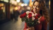 A young smiling woman receives a bouquet of roses for Valentine's Day. Created using generative AI technology.