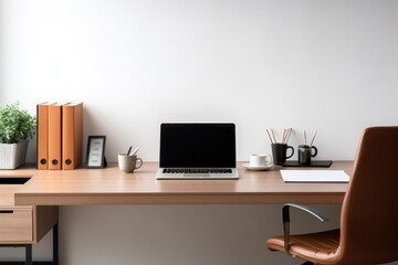 Wall Mural - workspace with laptop computer and supply on table, empty screen computer with generate ai.