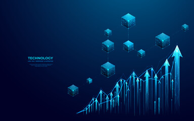 Leinwandbilder - Abstract blockchain hologram and growth graph chart consist of glowing arrows. Digital growing diagram. Cryptocurrency concept. Futuristic low poly wireframe vector illustration with 3D effect.