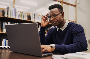 Poster - Man, student and thinking on laptop in library for studying, university research or headache and stress of debt or results. Young and confused african person on computer for education FAQ or question