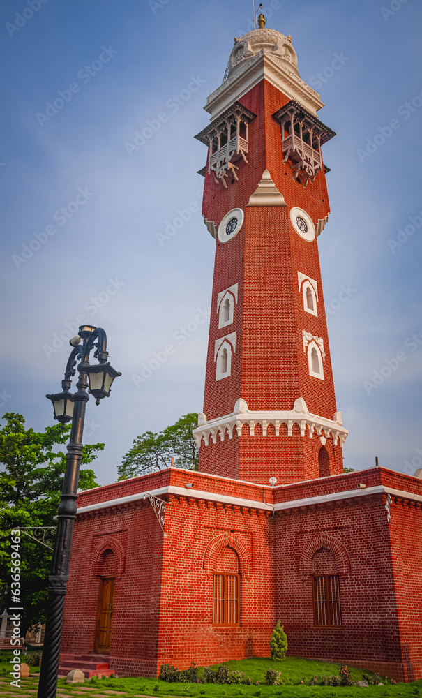 Rajappa Park tanjore or Ranee's clock tower at Gandhiji Rd, Attar Mohalla, Thanjavur, Tamil Nadu. Four clocks were made in London in the year 1869. Under the Doctrine of Lapse 1855 English company.