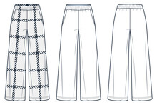 Wide Leg Pants Fashion Flat Technical Drawing Template, Plaid Design. Sweat Pants Technical Fashion Illustration, Pocket, Front And Back View, White, Black Color, Women, Men, Unisex CAD Mockup Set.