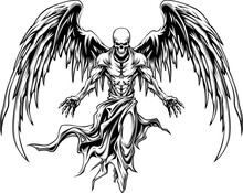 Dark Demon With Fiery Wings On White Background