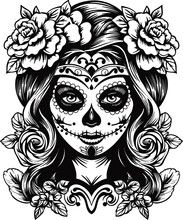 Day Of Dead Sexy Girl With Roses Isolated On White Background