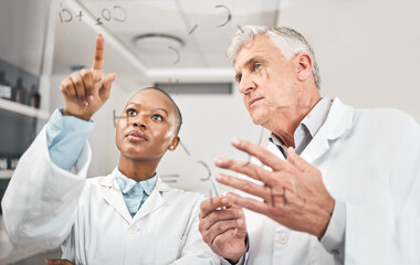 Wall Mural - Science, solution and teamwork with people in laboratory for research, writing and brainstorming. Chemistry, medical and pharmacy with man and woman for physics data, medicine and biotechnology