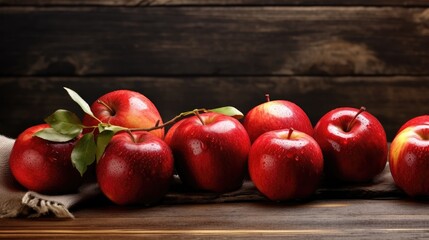 Wall Mural - Red ripe apples lie on a wooden table created with Generative AI technology