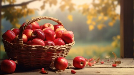 Wall Mural - Ripe Red Apples in a Basket in the Garden created with Generative AI technology