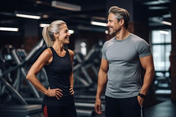 beautiful middle-aged woman smiling standing in the gym talking