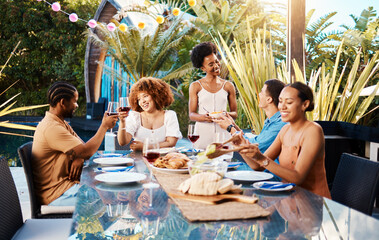 Wall Mural - Friends, food and wine outdoor at a table for social gathering, happiness and holiday celebration. Diversity, men and women group at lunch, party or reunion with drinks in garden for toast and relax
