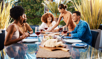 Wall Mural - Friends, people and food outdoor on a table for social gathering, happiness and holiday celebration. Diversity, men and women group eating lunch at a party or reunion with drinks to relax in a garden