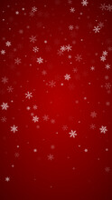 Snowfall Overlay Christmas Background. Subtle Flying Snow Flakes And Stars On Christmas Red Background. Festive Snowfall Overlay. Vertical Vector Illustration.