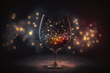 Red Wine Glass And Bottle On Dark Background With Bokeh Lights.