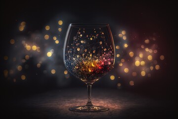 Red wine glass and bottle on dark background with bokeh lights.