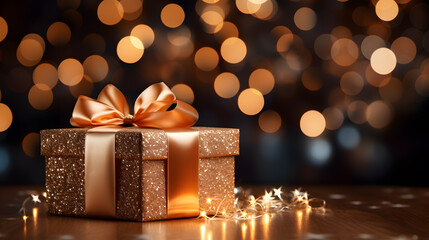 Wall Mural - Christmas gift box with golden christmas balls on bokeh golden background