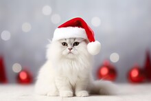 Cute White Cat Sitting In Red Santa Hat Cat With Santa Hat Waiting For Christmas While Sitting On Light Background