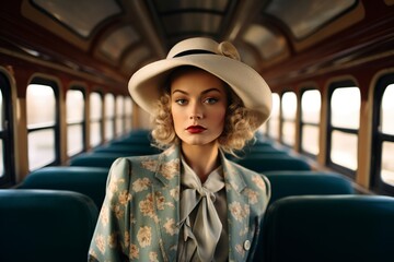 Wall Mural - elegant 1940s woman with hat and jacket on train