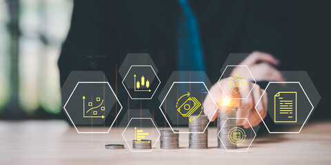 Aufkleber - concept of finance and investment ,profit growth management ,financial graphical and statistical analysis ,Stock and currency fund management ,bank interest management ,high return investment
