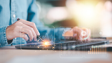 Aufkleber - business people read online business statistics chart reports to analyze and improve corporate strategy ,Manage financial and marketing documents, Company growth information,Managing Business Insights
