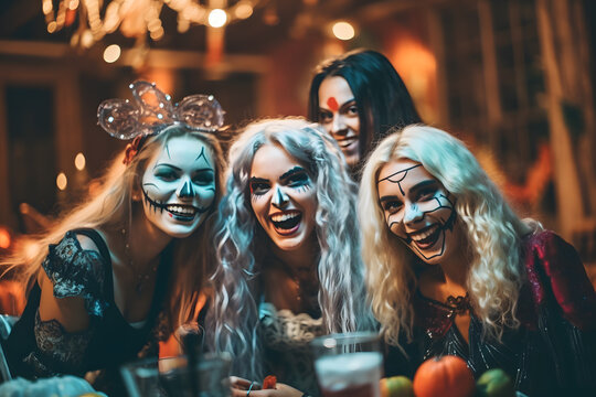 A group of friends in creative and spooky costumes laughing