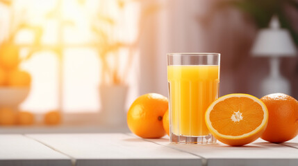 Generative AI, a glass of orange freshly squeezed juice stands on the table against the backdrop of modern white Scandinavian cuisine, sunlight, fruits, vitamin C