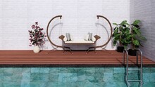 Wooden Couple Swing With Beautiful Plant In Pool Deck