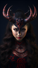 Wall Mural - Asian woman with devils horns and demonic eyes 