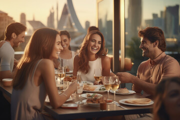 Wall Mural - Smiling friends dining on rooftop restaurant in Dubai while on vacation. Generative AI