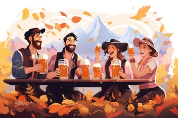 Wall Mural - Oktoberfest festive card illustration. People having fun and drinking beer at lager festival.