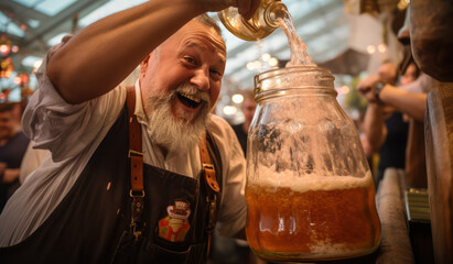 Wall Mural - bearded man pouring beer at Octoberfest 