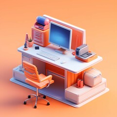 Wall Mural - 3d Isometric layout of a school desk, chair and desk with computer