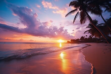 Beautiful Sunset Over The Sea With A View At Palms On The White Beach On A Caribbean Island