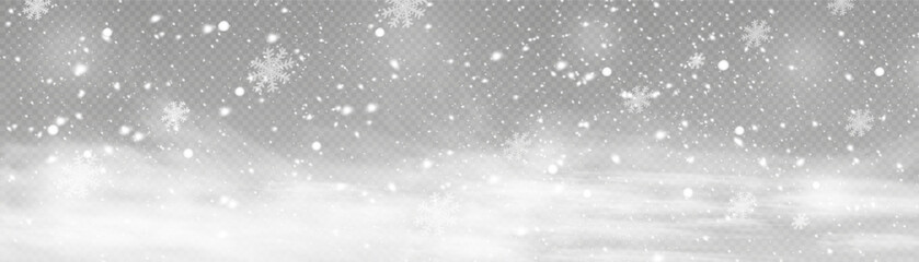 Wall Mural - Falling snow with snowflakes and clouds. Mector illustration. Light, dust, winter, blizzard, christmas, vector. The effect of a frosty storm, snowfall, ice. Falling snow effect with snowflakes